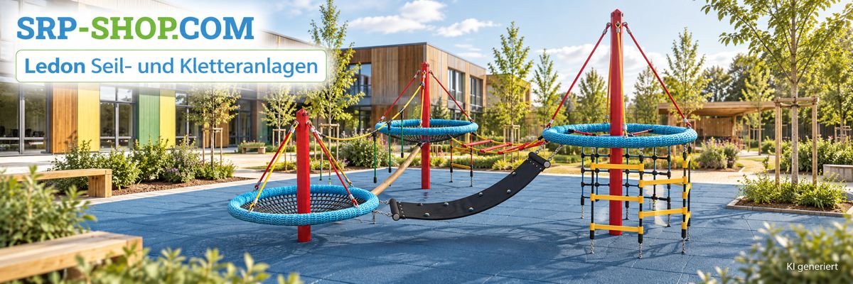 Ein großes Spielgerät zum klettern, im Sandkasten vor einem Kindergarten